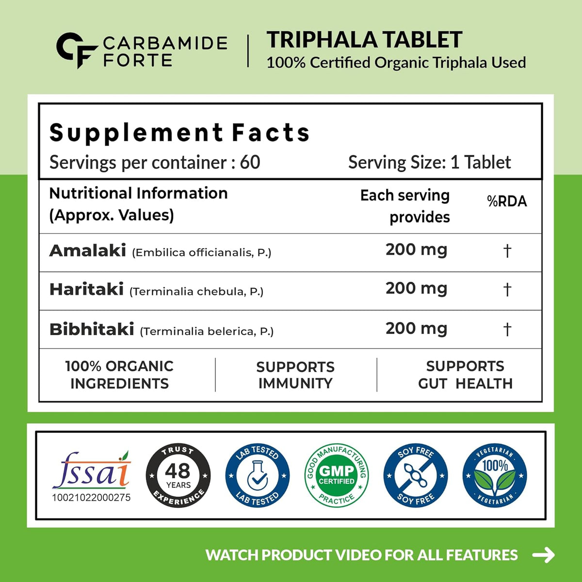 Carbamide Forte Organic Triphala Powder Tablets | 100% Natural 600mg Triphala Churna Powder Organic Tablets support Healthy Digestion, Improve Gut Health & Relieve Constipation | Triphala Tablets for eyes,hair, liver | 60 Tablets