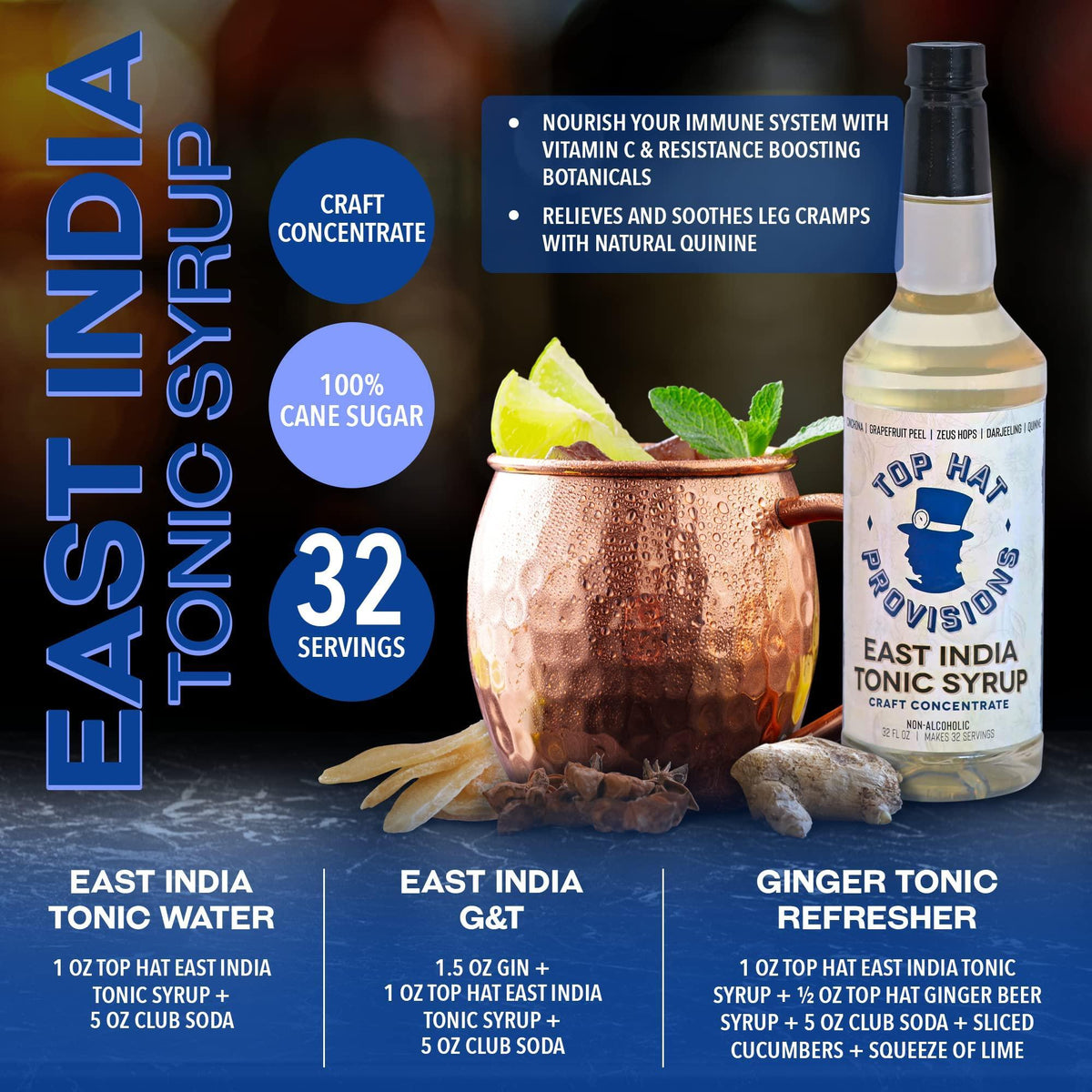 Top Hat East India Craft Concentrated Quinine Tonic Drink Syrup - 5x Natural Quinine Wellness Tonic Water Concentrate - Just Add Club Soda - 32oz bottle