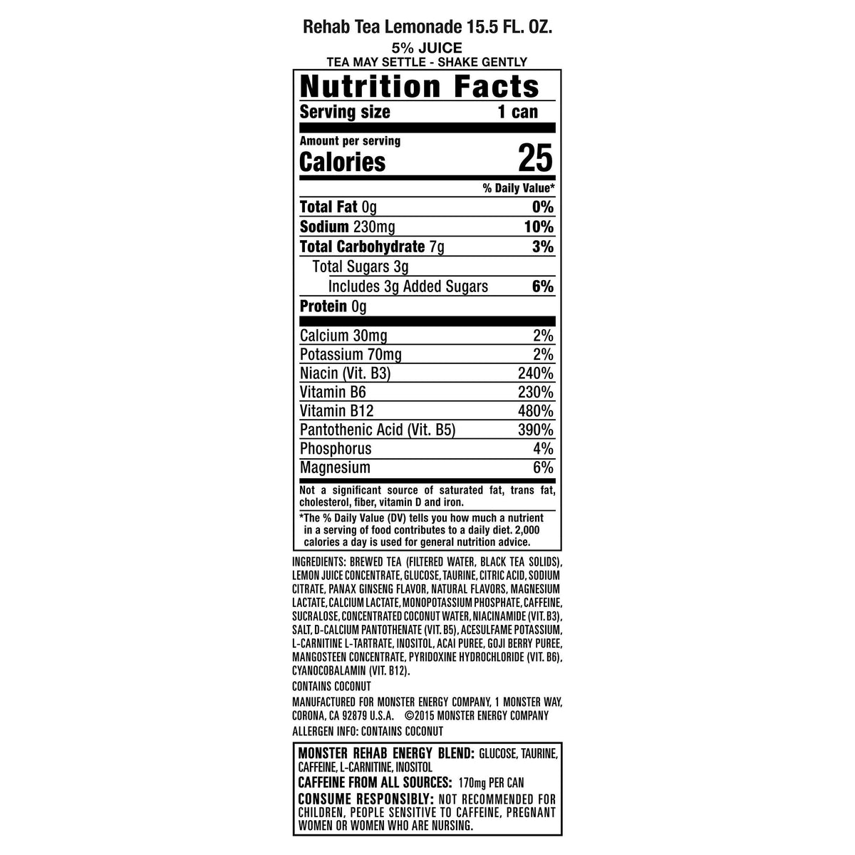 Monster Energy Rehab Tea + Lemonade + Energy, Energy Iced Tea, Energy Drink 15.5 Ounce (Pack of 15)