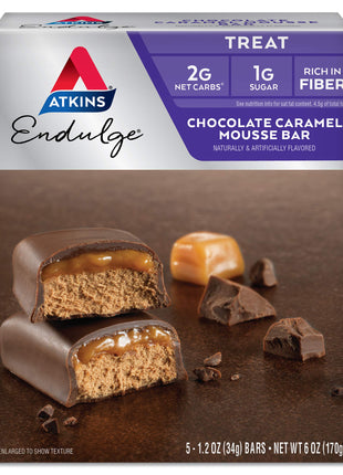 Atkins Endulge Chocolate Caramel Mousse Bar, 1g Sugar, 5 Count | 1g Sugar, Rich Chocolatey and Creamy Caramel Flavor, Individually Wrapped 1.2oz Bars