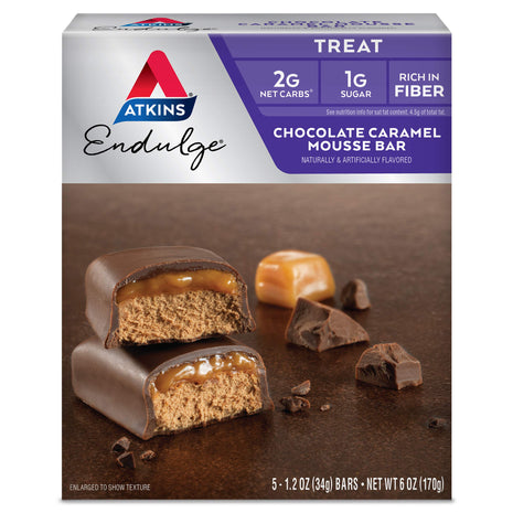 Atkins Endulge Chocolate Caramel Mousse Bar, 1g Sugar, 5 Count | 1g Sugar, Rich Chocolatey and Creamy Caramel Flavor, Individually Wrapped 1.2oz Bars