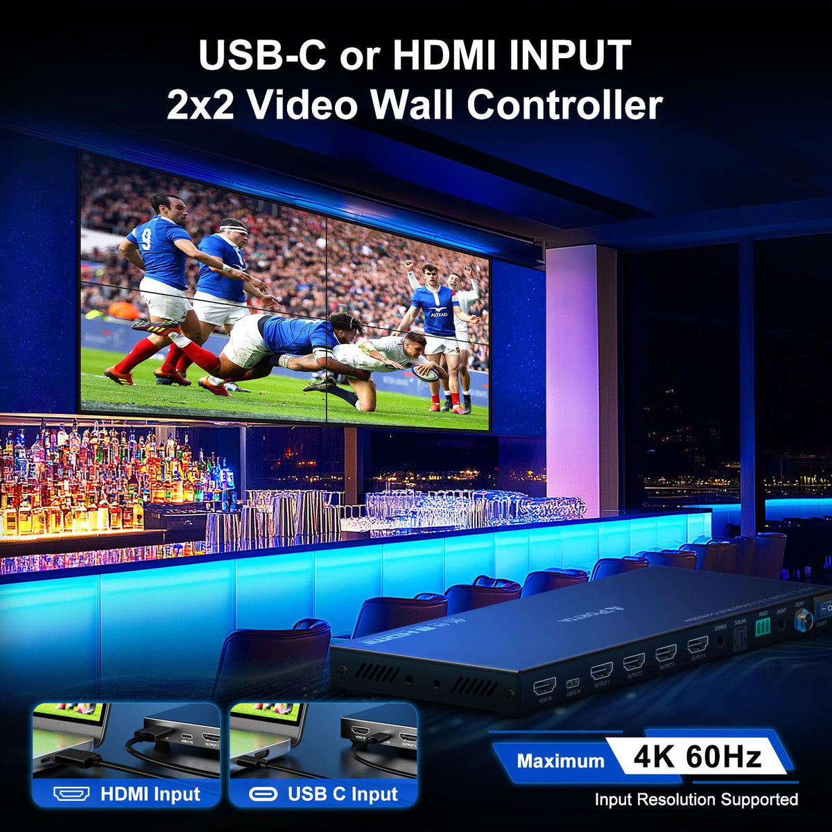 PORTTA 2x2 HDMI or USB-C Video Wall Controller 4K 60Hz, Video Wall Processor with 11 Splicing Modes, RS232, 180° Rotate, Audio Extractor, 2x2,1x2,1x3,1x4,2x1,3x1x4x1, 4 tv Screens into 1 Wall Display