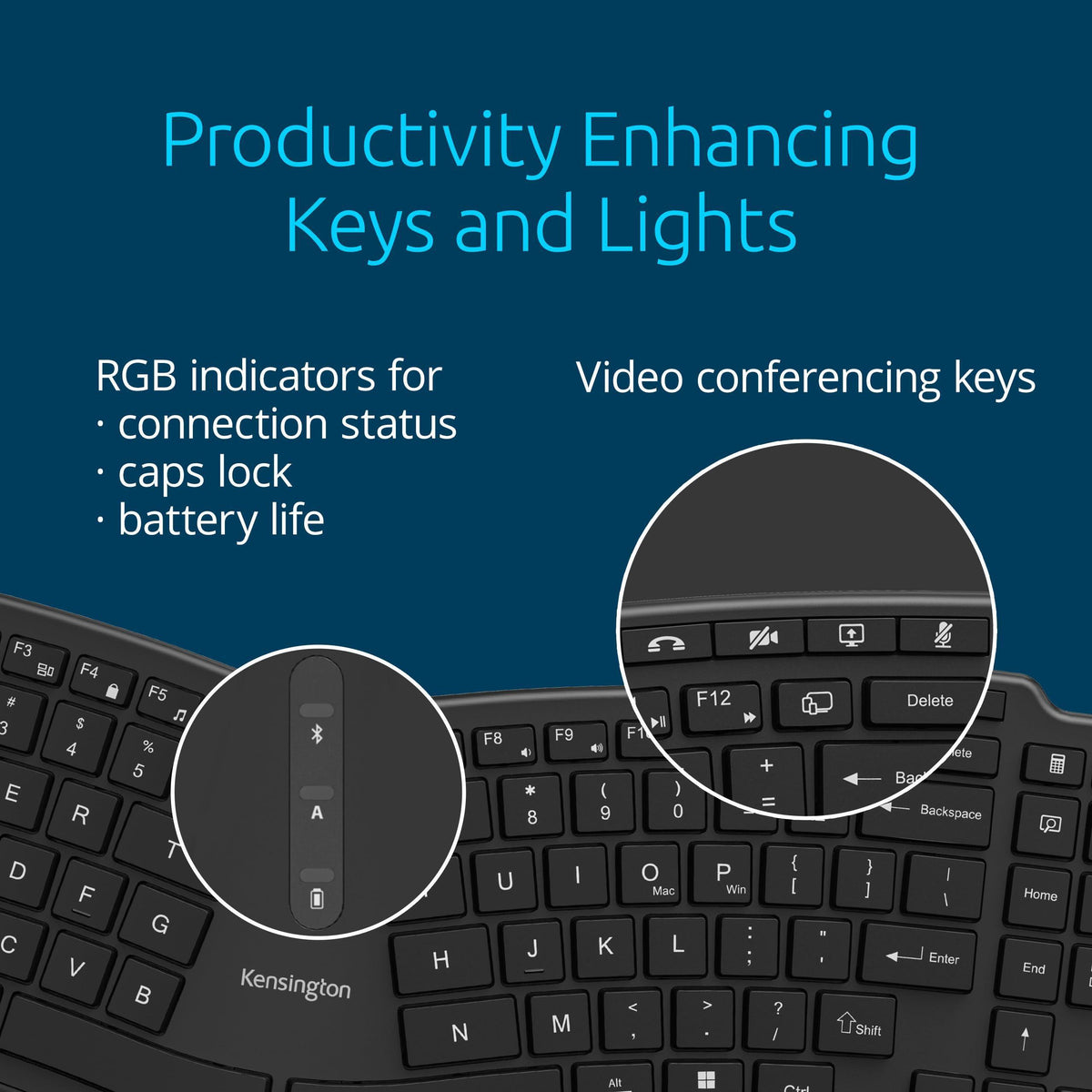 Kensington Pro Fit Ergo Wireless Keyboard KB675, Ergonomic, Rechargeable, Bluetooth & 2.4GHz Connection, Programmable Keys, Black, K75491US