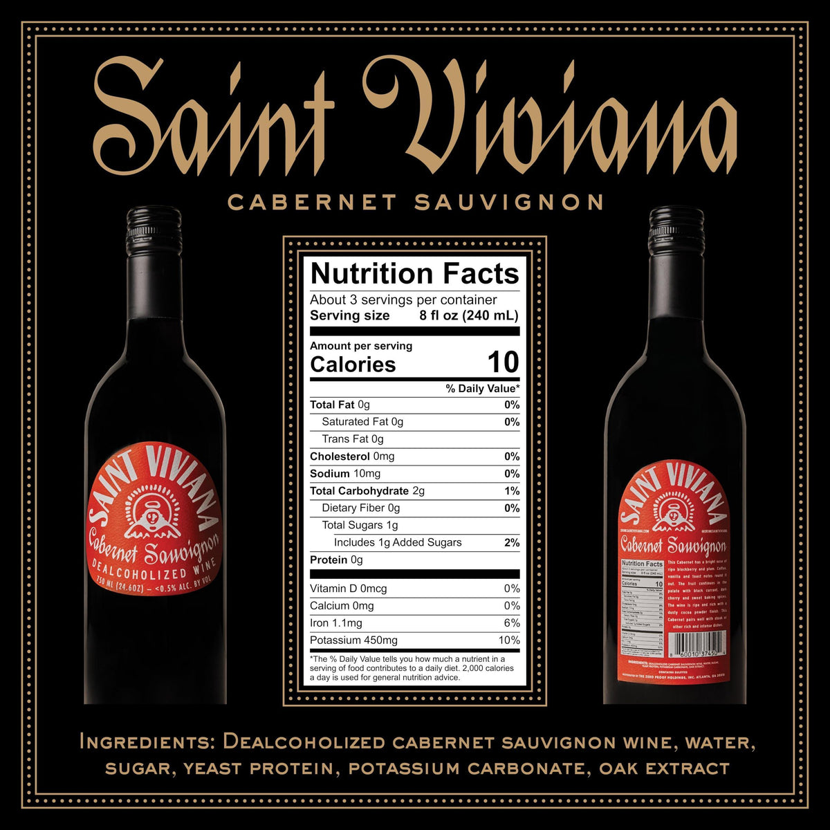 Saint Viviana Non-Alcoholic Cabernet Sauvignon, Non Alcoholic Red Wine, Gluten Free, Low Sugar, Zero Proof, California Dealcoholized Wine, Blackberry, Plum, Coffee & Vanilla Notes, 24.6 fl oz Bottle