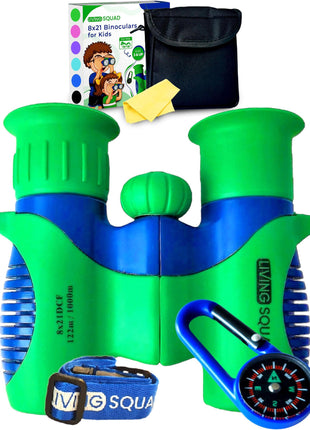 Kids Binoculars 8x21 Shockproof Green - Ages 3-12 with Case Neck Strap Compass Carabiner | High Resolution Optics for Bird Watching Camping Hiking | Birthday Gift Boys Girls