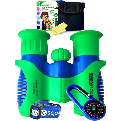 Kids Binoculars 8x21 Shockproof Green - Ages 3-12 with Case Neck Strap Compass Carabiner | High Resolution Optics for Bird Watching Camping Hiking | Birthday Gift Boys Girls