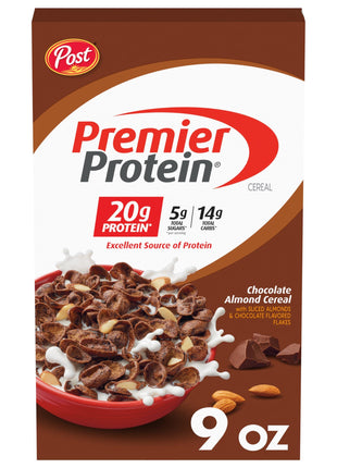 Post Premier Protein Chocolate Almond Cereal, Chocolatey Protein Cereal Flakes with Sliced Almonds, Contains 20g of Protein Per Serving, 9 OZ Box
