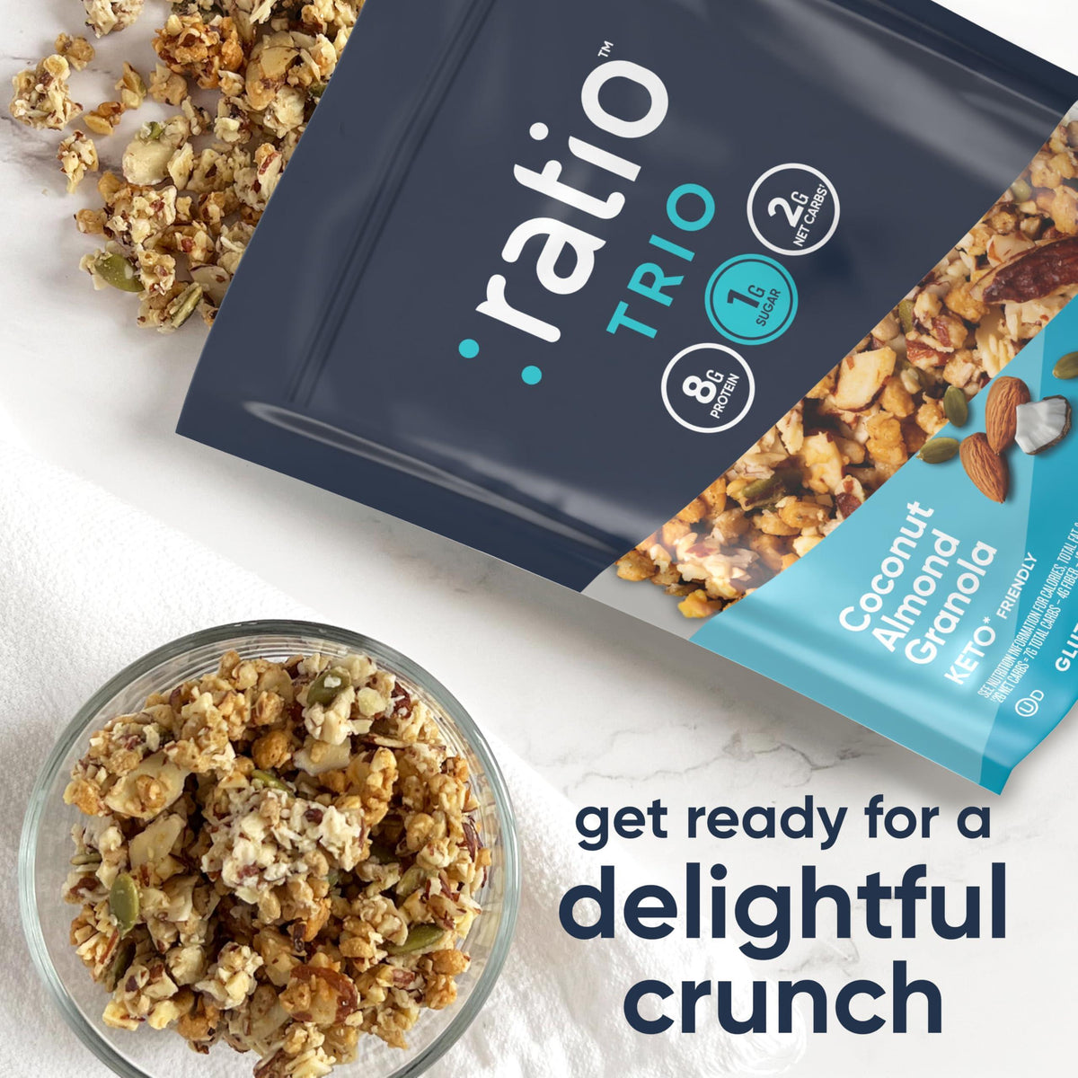Ratio Trio Coconut Almond Granola Cereal, 1g Sugar, Keto Friendly, 8 oz Resealable Bag