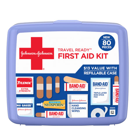 BAND AID Brand Travel Ready Portable Emergency First Aid Kit for Minor Wound Care, Perfect for Home, Car, Travel, Camping Essentials & Outdoor Emergency Kit, 80 Pieces