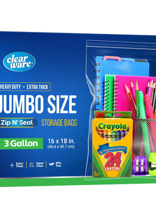 12 Large Storage Bags With Zipper Top - 3 Gallon Size, 16 inch x 18 inch, Extra Large Plastic for Clothes, Travel, Moving, Large Reusable freezer bags, BPA-Free, 2-mil Thick