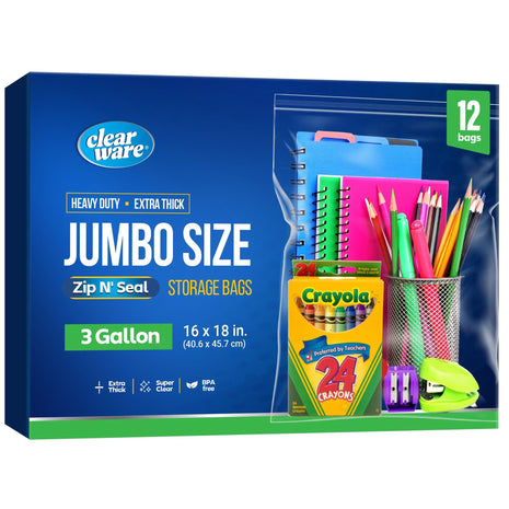 12 Large Storage Bags With Zipper Top - 3 Gallon Size, 16 inch x 18 inch, Extra Large Plastic for Clothes, Travel, Moving, Large Reusable freezer bags, BPA-Free, 2-mil Thick