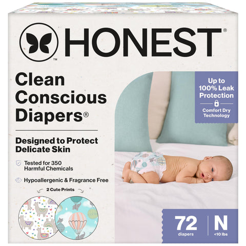 The Honest Company Clean Conscious Diapers for Delicate Skin | Up to 100% Leakproof | Hypoallergenic, Fragrance Free | Gender Neutral | Club Box, Size Newborn, 72 Count (Prints May Vary)