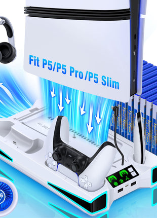 LIFUFUTEE PS5 Stand, PS5/Slim/Pro Cooling Station with 2.36in Cooling Fan, Controller Charger Station for PS5 Accessories, RGB Light, Headset Holder, 3 Charger Ports for PlayStation 5 Slim/Pro Console