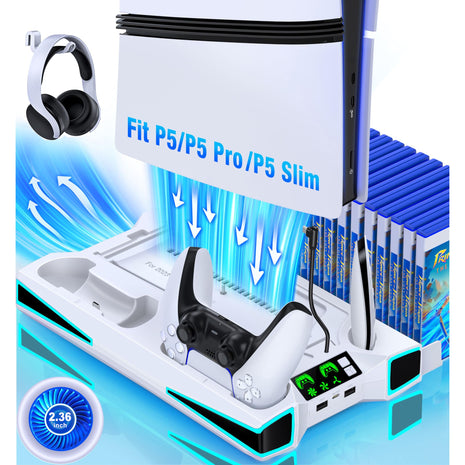 LIFUFUTEE PS5 Stand, PS5/Slim/Pro Cooling Station with 2.36in Cooling Fan, Controller Charger Station for PS5 Accessories, RGB Light, Headset Holder, 3 Charger Ports for PlayStation 5 Slim/Pro Console