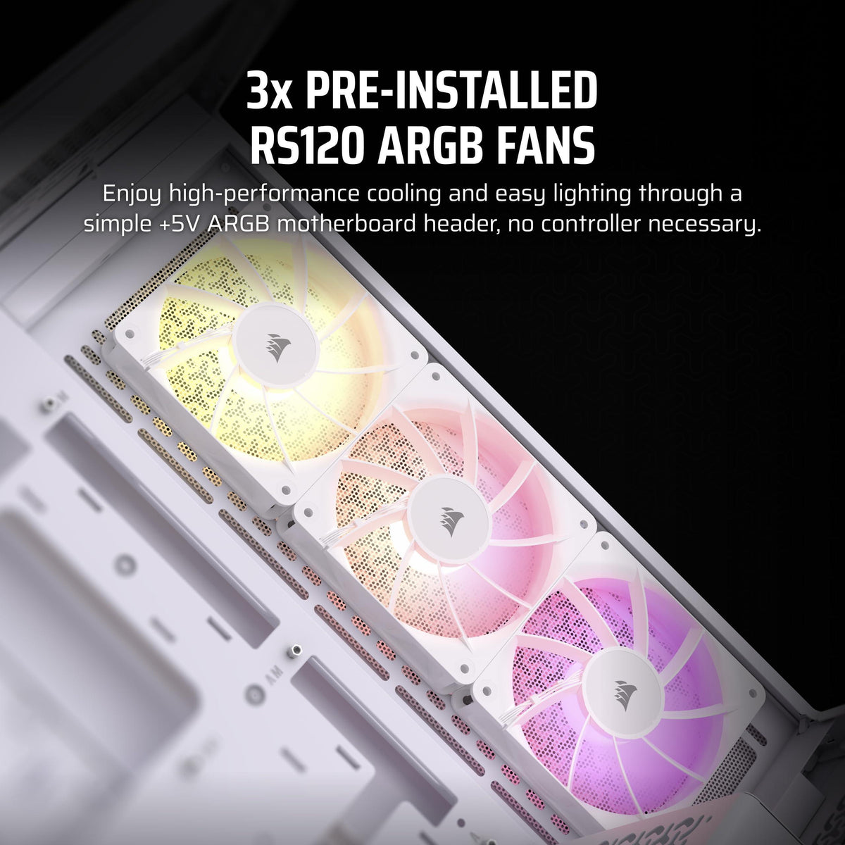CORSAIR 3500X ARGB Mid-Tower ATX PC Case – Panoramic Tempered Glass – Reverse Connection Motherboard Compatible – 3X CORSAIR RS120 ARGB Fans Included – White