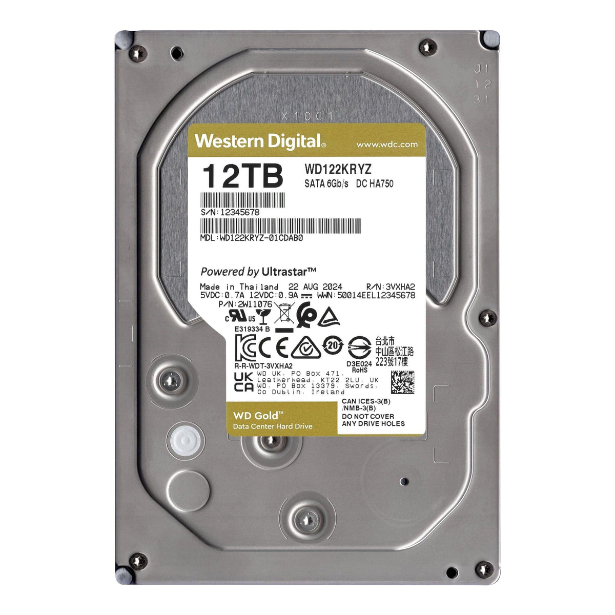 Western Digital 12TB WD Gold Enterprise Class Internal Hard Drive - 7200 RPM Class, SATA 6 Gb/s, 512 MB Cache, 3.5" - WD122KRYZ