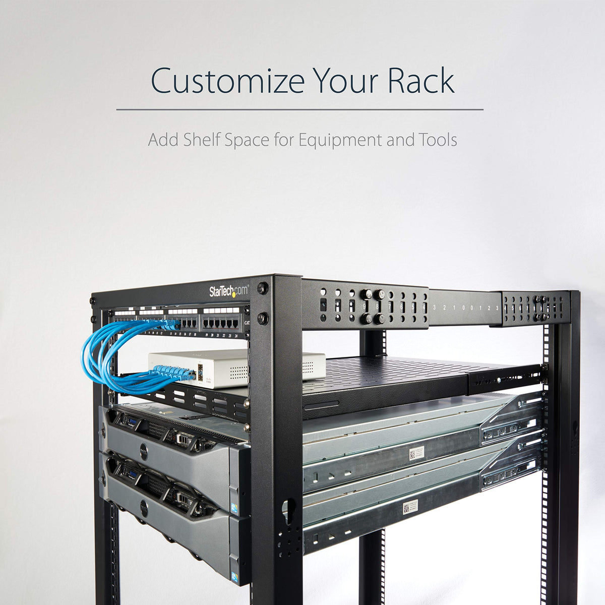 StarTech.com 1U Adjustable Vented Server Rack Mount Shelf - 175lbs - 19.5 to 38in Adjustable Mounting Depth Universal Tray for 19" AV/ Network Equipment Rack - 27.5in Deep , TAA (ADJSHELF)