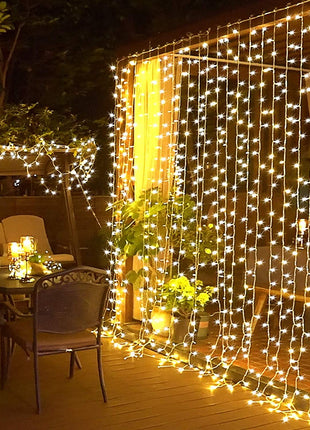 JMExSUSS 300 LED Remote Control Christmas Curtain Lights, Plug in Fairy Curtain Lights Outdoor, Window Wall Hanging String Lights for Bedroom Backdrop Wedding Party Indoor Patio xmas Decor, Warm White