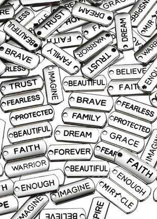Hicarer Word Charms Pendants Engraved Motivational Charms Pendants Jewelry Making Accessories for DIY Necklaces, Bracelets, Key Chains(Silver,80 Pcs)