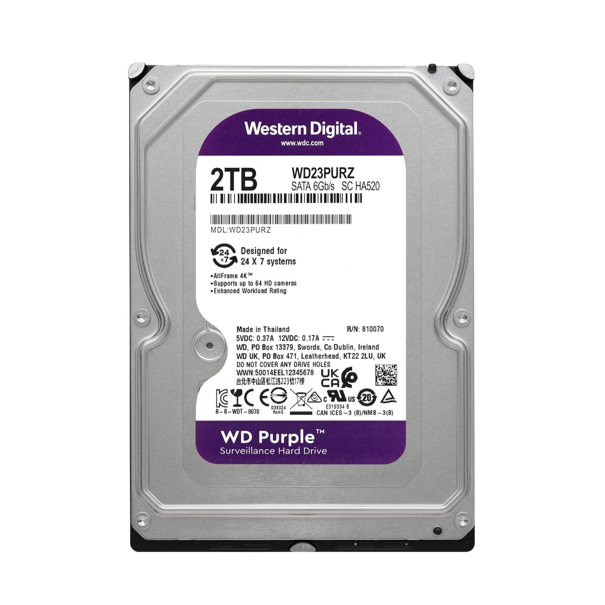 Western Digital 2TB WD Purple Surveillance Internal Hard Drive HDD - SATA 6 Gb/s, 64 MB Cache, 3.5" - WD23PURZ