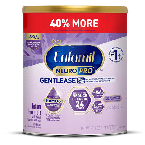 Enfamil NeuroPro Gentlease Baby Formula, Brain Building DHA, HuMO6 Immune Blend, Designed to Reduce Fussiness, Crying, Gas & Spit-up in 24 Hrs, Prebiotics to Promote Softer Stools, Baby Milk, 27.4 Oz