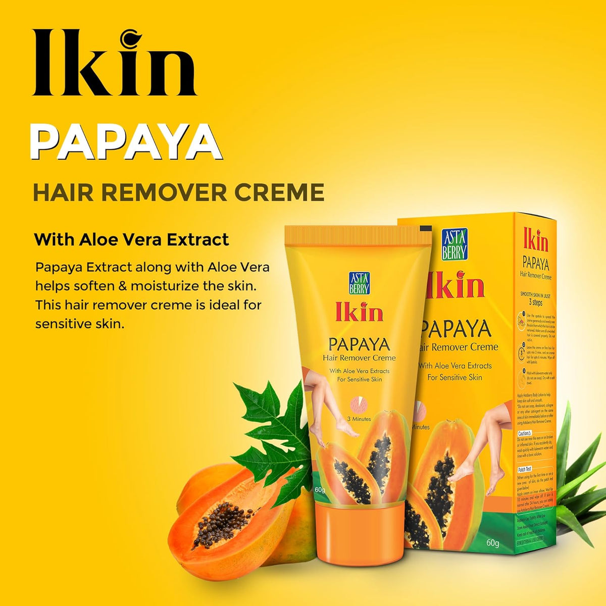 Ikin Papaya Hair Remover Cream for Sensitive Skin - Bikini Hair Removal Cream for Women & Girls (Pack of 2 (60gm X 2))