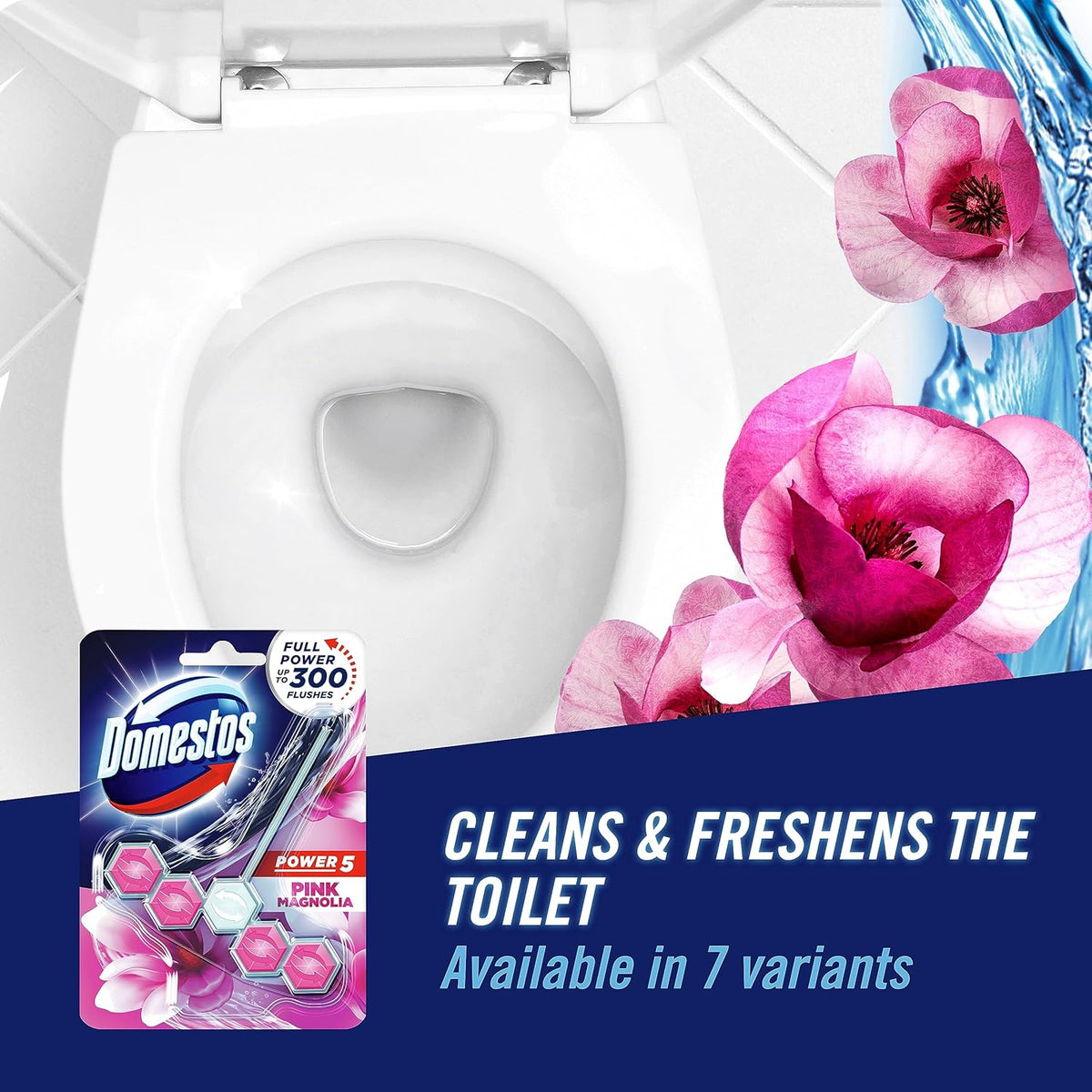 Domestos Toilet Rim Block, Pink Magnolia, gives Long Lasting Fragrance and Removes Limescales, Provides Hygiene & Shine, 55 gm