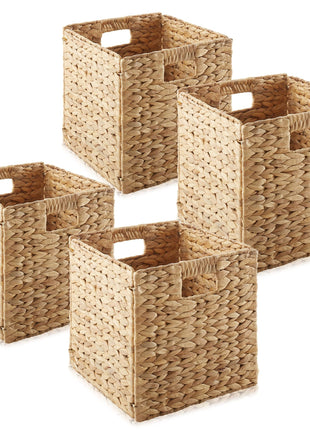 Casafield 10.5 inch x 10.5 inch Water Hyacinth Storage Baskets, Natural   Set of 4 Collapsible Cube Organizers, Woven Bins for Bathroom, Bedroom, Laundry, Pantry, Shelves