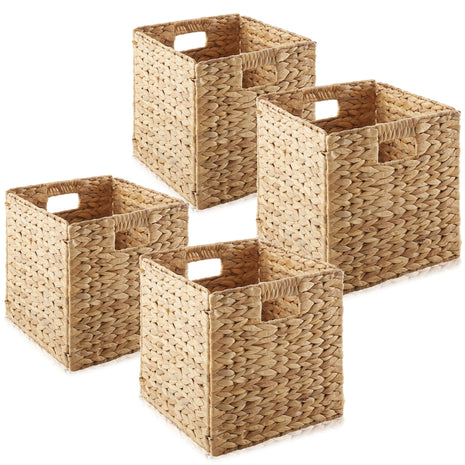 Casafield 10.5 inch x 10.5 inch Water Hyacinth Storage Baskets, Natural   Set of 4 Collapsible Cube Organizers, Woven Bins for Bathroom, Bedroom, Laundry, Pantry, Shelves