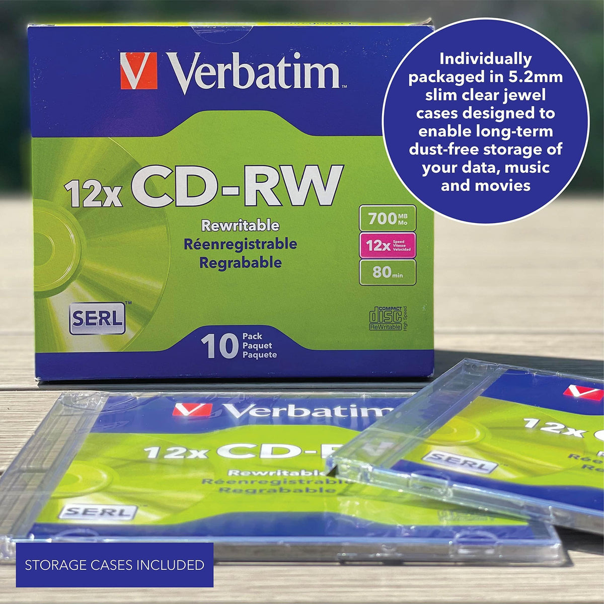 Verbatim CD-RW 700MB 4X-12X Rewritable Blank Media - 10 Discs in Slim Jewel Cases,Silver