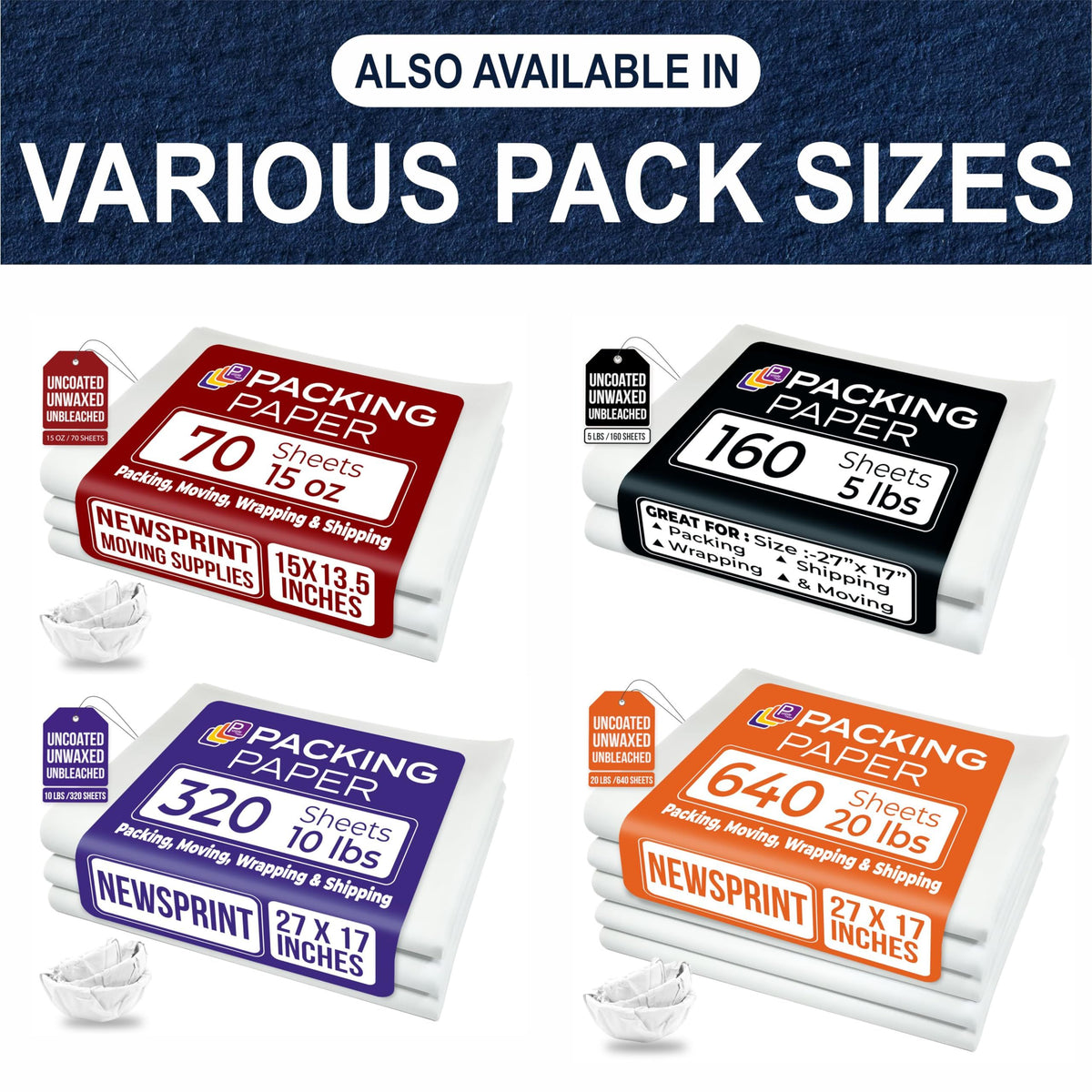 Purple Papers White Bulk Packing Paper | 320 Sheets | 27" x 17" | 10 lb | Sheets for Moving - Newsprint Paper - Must Have in Your Moving Supplies | Newsprint Papers | Packaging Paper