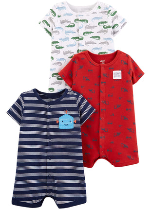 Simple Joys by Carter's Baby Boys 3-Pack Snap-up Rompers, Navy Stripe/Red Construction/White Alligator, 6-9 Months
