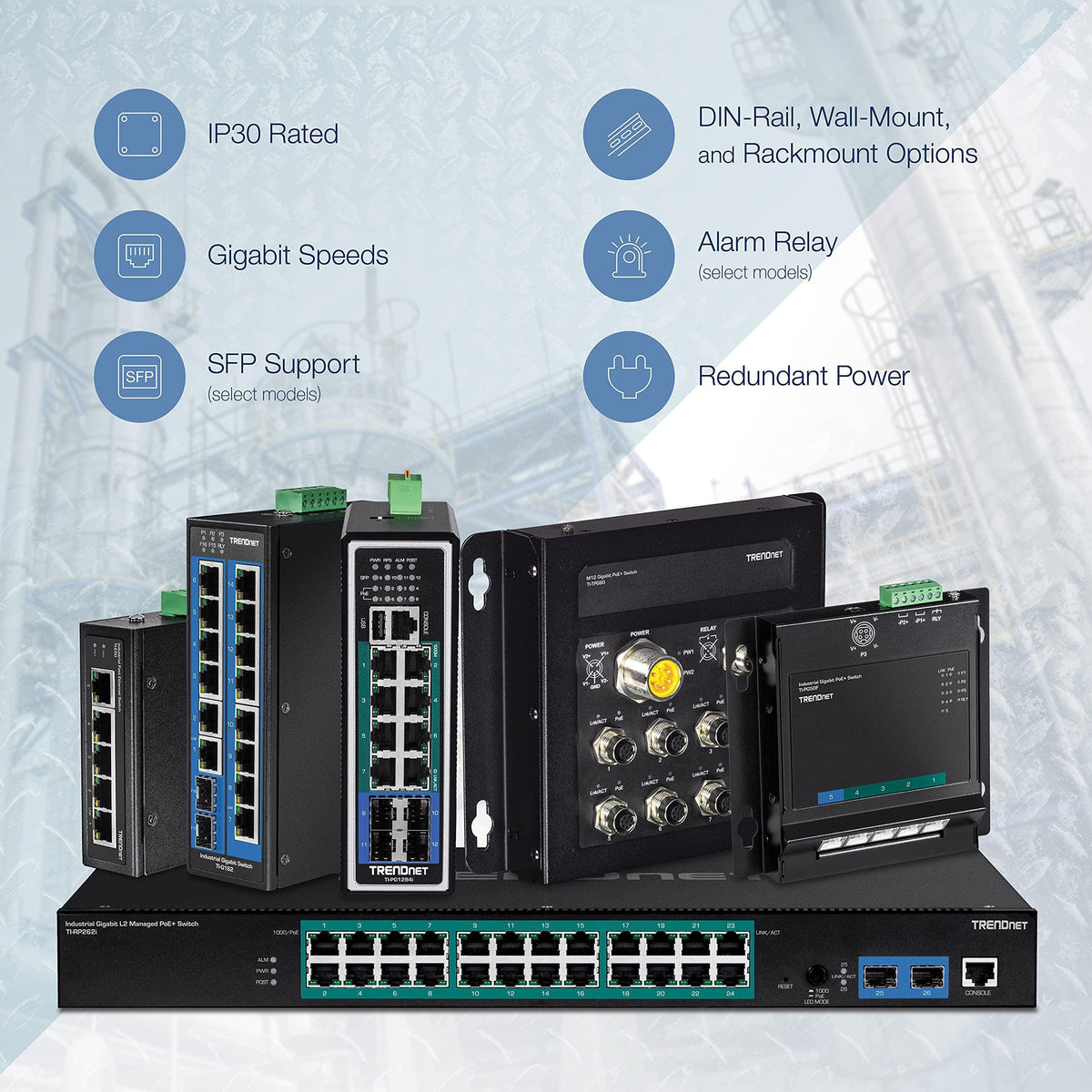 TRENDnet 10-Port Industrial Gigabit L2 Managed PoE+ DIN-Rail Switch, 8 x Gigabit PoE+ Ports, DIN-Rail Mount, 2 x SFP Slots, 24–57V DC Power Input, IP30, VLAN, Lifetime Protection, Black, TI-PG102i