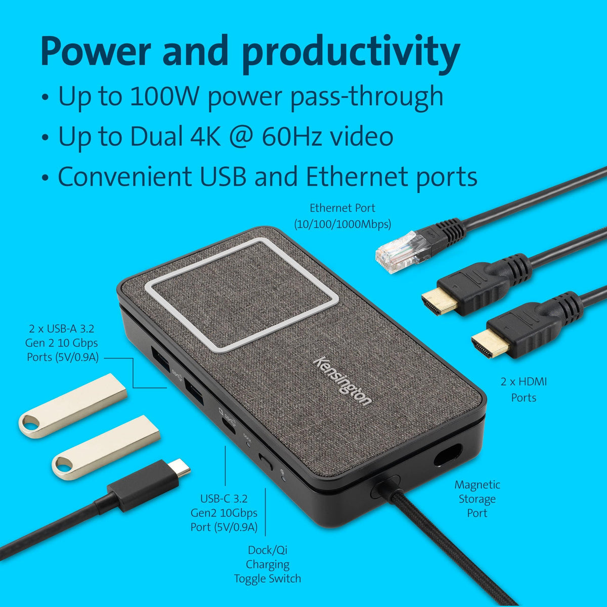 Kensington USB-C Hub with Qi Charging, Dual HDMI 4K@60Hz, 100W PD Pass Through Charging, 1Gbps Ethernet Port, Compatible with MacBook, iPad, HP, Lenovo Laptops (K32800WW) Black