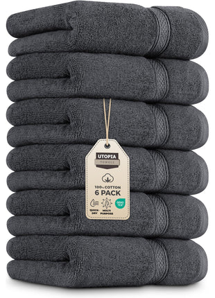 Utopia Towels 6 Pack Premium Hand Towels, 16x28 in, 600 GSM Cotton, Grey | Premium Ultra-Soft Lightweight Ring Spun Cotton Hand Towels - Highly Absorbent, Ideal for Bathroom, Gym, Spa & Hotel