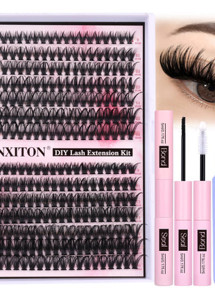 FANXITON DIY Lash Extension Kit Volume Lash Clusters 40D+50D D Curvature Individual Lashes Lash Clusters Kit Thick Eyelash Extension Kit 280 pcs Thin Band Cluster Lashes Lash Bond and Seal Tweezers