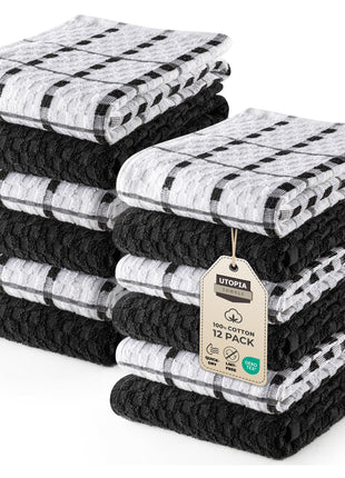Utopia Towels Kitchen Towels 12 Pack 15x25 Inch Ring Spun Cotton Black | Super Soft, Absorbent, Tea and Bar Towel Set, Linen Dish Towels, Multipurpose Kitchen Use