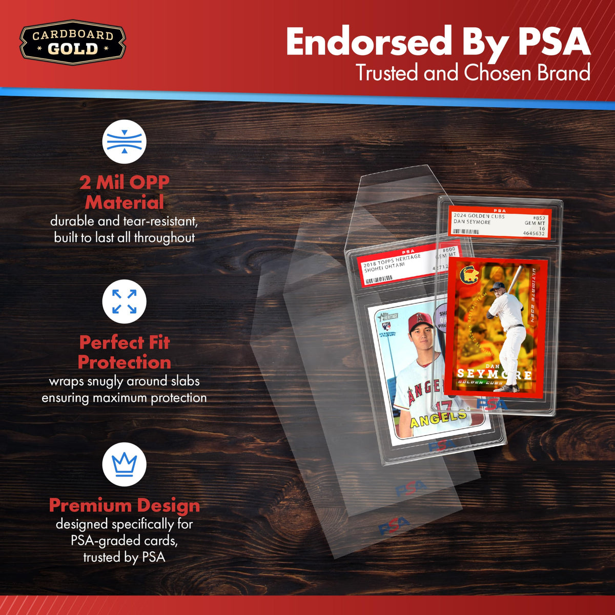 Cardboard Gold PSA Graded Card Sleeves – 50 Count with PSA Logo, Resealable Slabs Sleeve - Precise Fit Slab Protector for Grading Baseball Football Gaming Trading Sports Cards