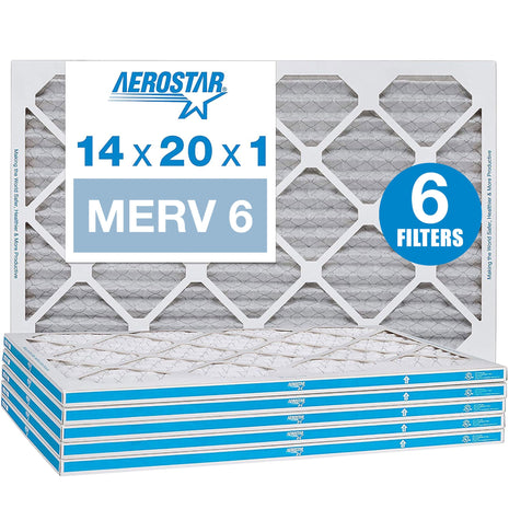 Aerostar 14x20x1 MERV 6 Pleated Air Filter, AC Furnace Air Filter, 6 Pack (Actual Size: 13 3/4 inchx 19 3/4 inch x 3/4 inch)