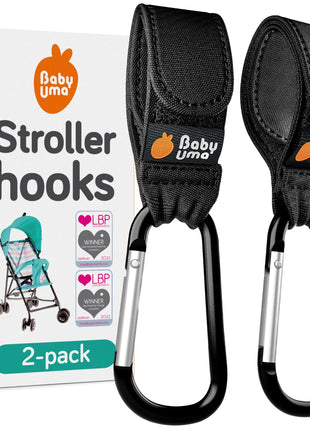 Baby Uma Stroller Hooks for Bags (2 Pack) - Non-Slip, One-Hand Use, 11 lb | These universal stroller clips open one-handed, resist slipping, and each carabiner hook holds 11 lbs—a travel essential.