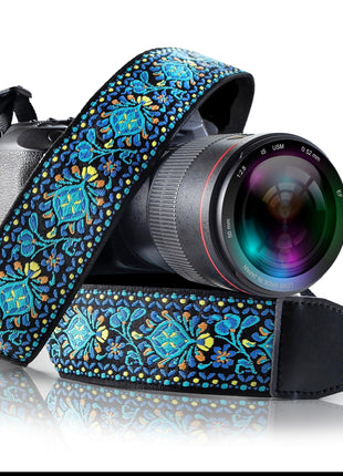 Camera Strap - Shoulder, Crossbody & Neck Camera Strap for Photographers, Fits All Cameras, Canon Nikon Sony Fujifilm, Padded Strap W/ Quick Release, Embroidered Cotton & Leather Ends, Blue