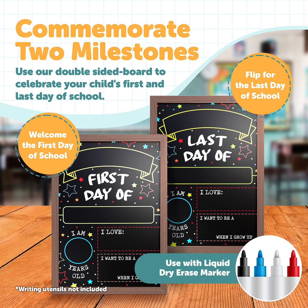 First Day Last Day of School Double Sided Sign with Frame (Reusable Dry Erase Board for Liquid Chalk Markers - 9.17" x 13.27")