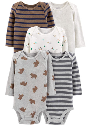 Simple Joys by Carter's Baby Boy's 5-Pack Long-Sleeve Bodysuit Shirt, bears/animals green/stripes, 3-6 Months