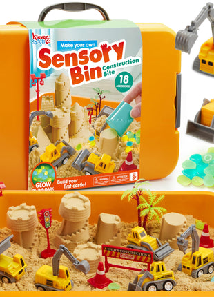 JOVA Klever Kits Construction Sensory Bin for Toddlers with Glow in The Dark Stones, Sandbox with Lid Castle Building kit, Preschool Learning Activities Gifts for Boys Girls Age 3+