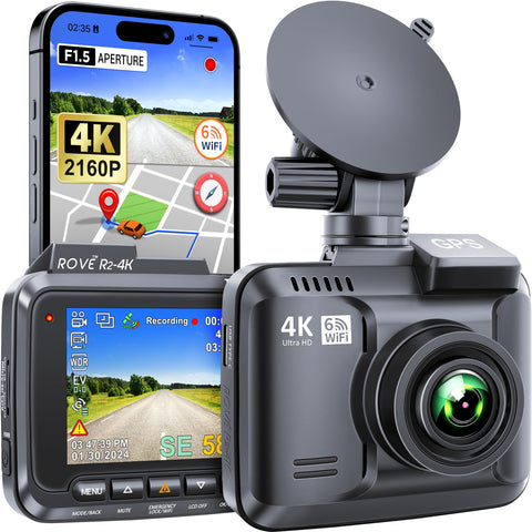 ROVE R2-4K Dash Cam Built-in WiFi 6 GPS Car Dashboard Camera Recorder with UHD 2160P, 2.4 inch IPS Screen, 150° Wide Angle, WDR, Night Vision