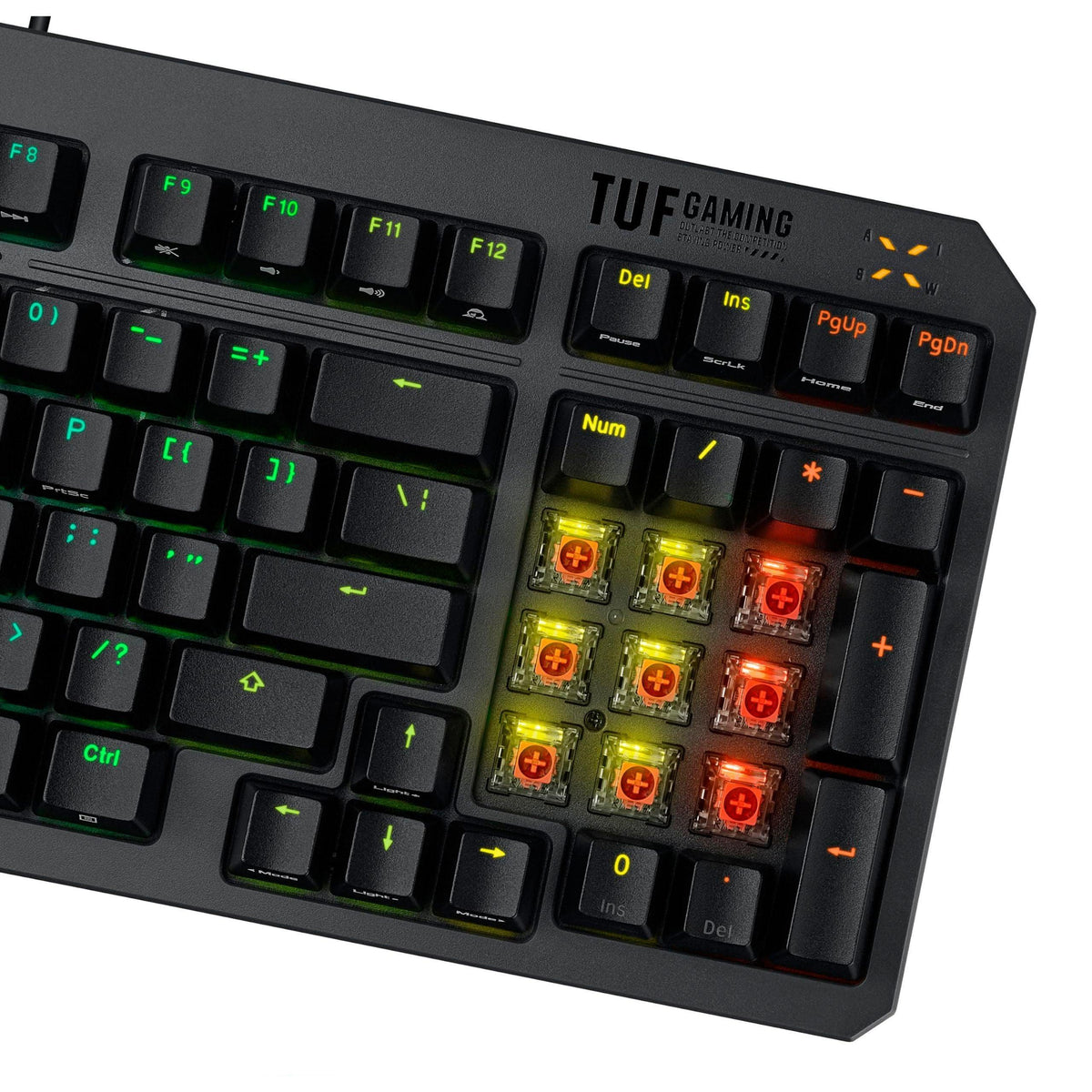 ASUS TUF Gaming K3 Gen II keyboard with compact 97-key, optical-mechanical RGB Blue (Clicky) switches, silicone-gasket mount, dampening foam, IP57 waterproofing, a detachable top plate, and Aura Sync.