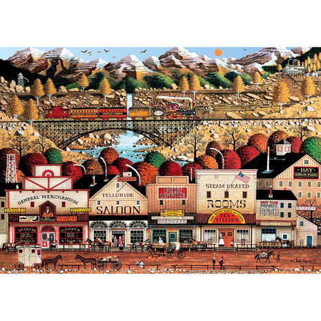 Buffalo Games - Charles Wysocki - Sleepy Town West - 300 Large Piece Puzzle | Art by Charles Wysocki, Made in USA, Easy-Grip Pieces, Recycled Board, Size: 22 x 15 in, With Poster, Frameable Art, Giftable