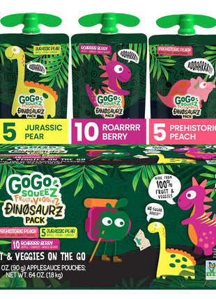 GoGo squeeZ Fruit & veggieZ Applesauce and Puree Variety Pack, Jurassic Pear, Roarrrr Berry & Prehistoric Peach, 3.2 oz (Pack of 20), Unsweetened Snacks for Kids, BPA Free Pouches