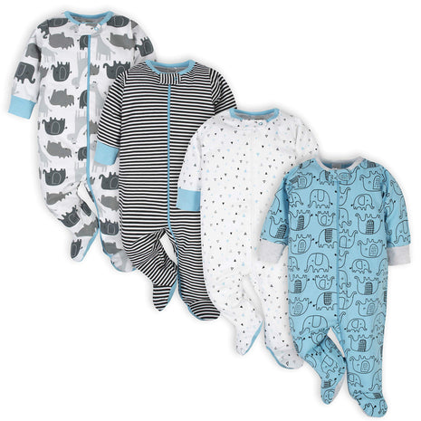 Onesies Brand baby boys 4-pack 'N Plays Footies and Toddler Sleepers, Blue Elephant, Newborn US
