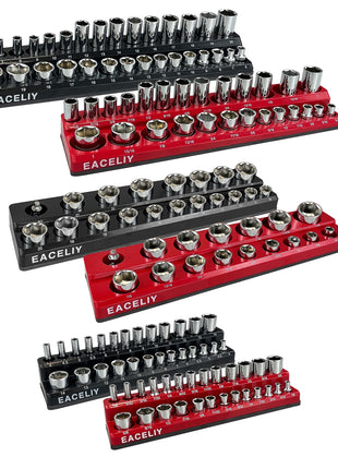 6-Piece Magnetic Socket Organizer Set, 1/2 inch, 1/4 inch and 3/8 inch SAE & Metric Deep & Shallow Socket Holder Kit, holds 141 stanard Sockets, attaches to steel box/tool cart (sockets not included)